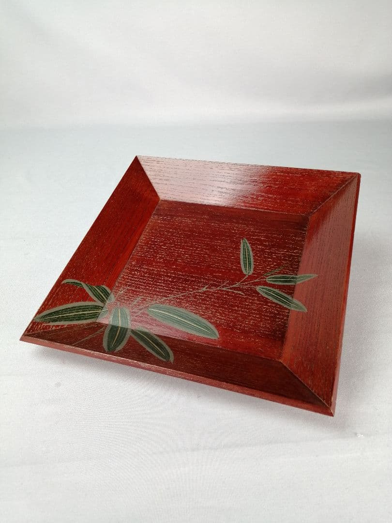 【茶道具】象彦造　笹蒔絵桐春慶塗四方盆　干菓子器　菓子盆167