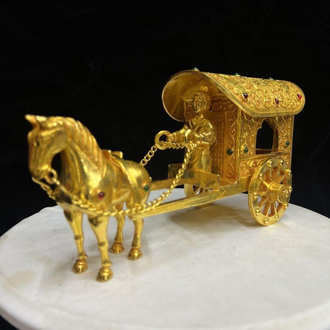 中国美術品　極細工　塗金宝石嵌黄金馬車　骨董　珍蔵品