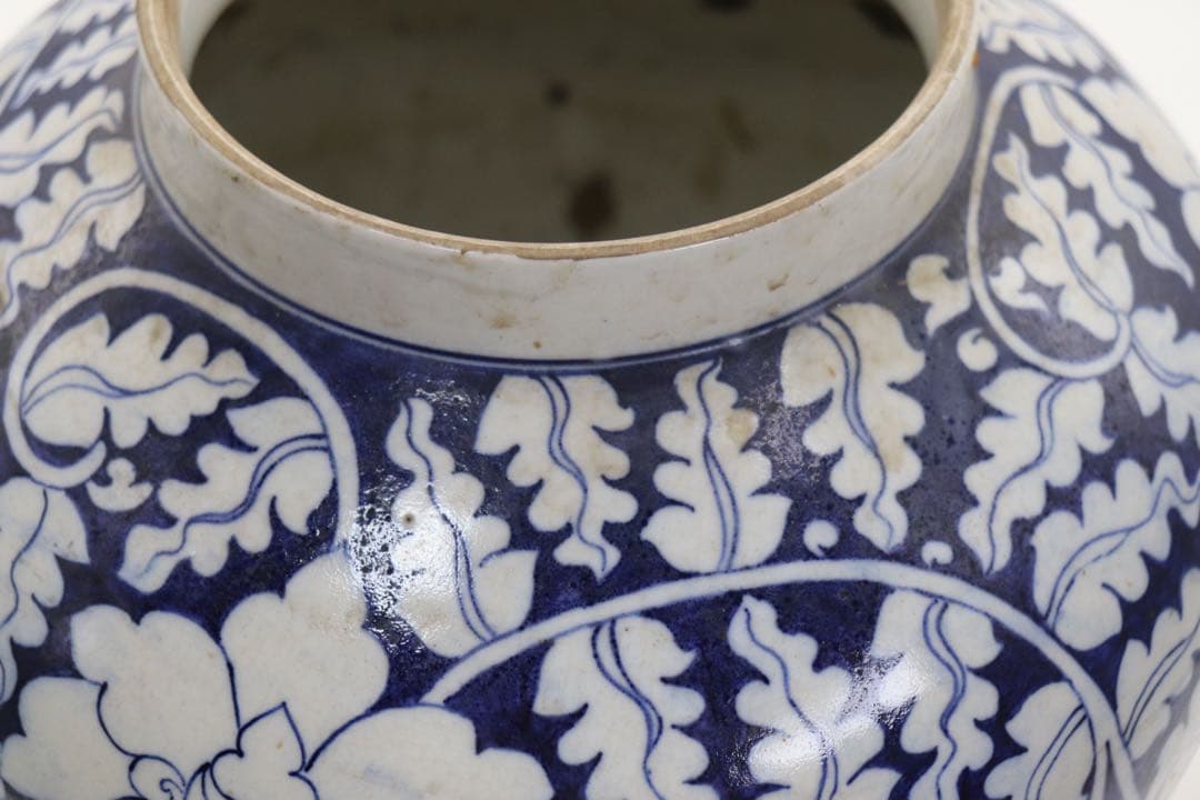 中国　清時代　染付　蓋付大壺　送料込み250221