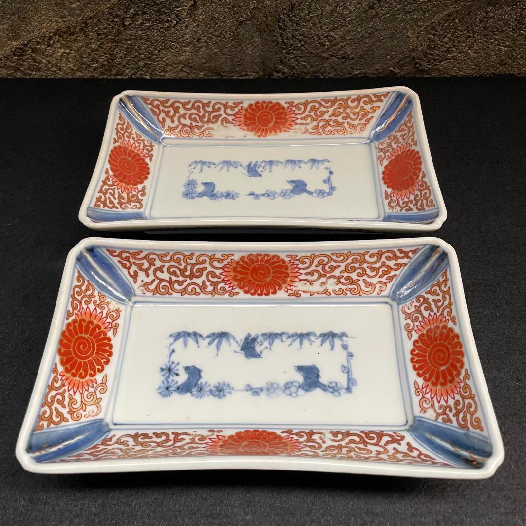 テ*モ様 江戸期 富貴長春 古伊万里 染付 金彩 色絵 骨董 長皿 蛸唐草紋 美