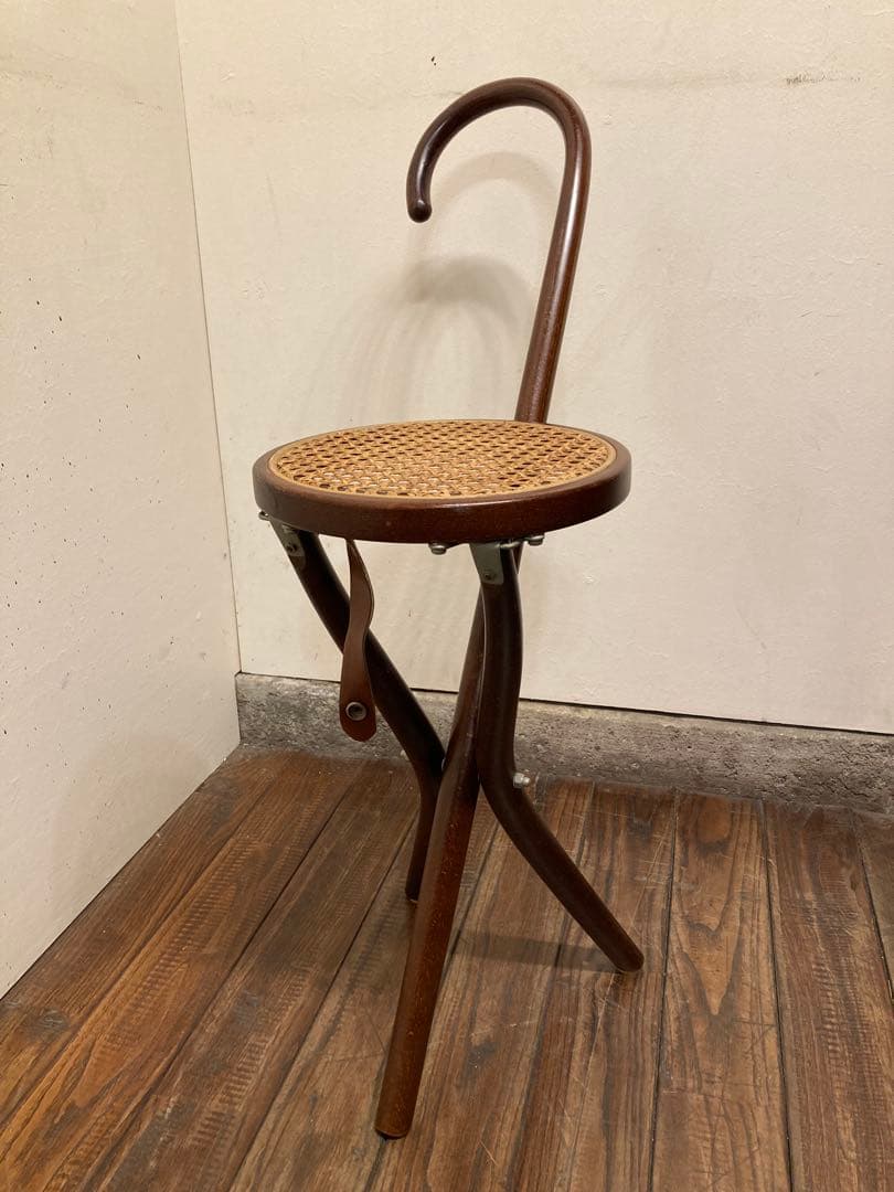 希少 秋田木工 折り畳み ステッキチェア 曲木椅子 籐張 ヴィンテージ 古道具