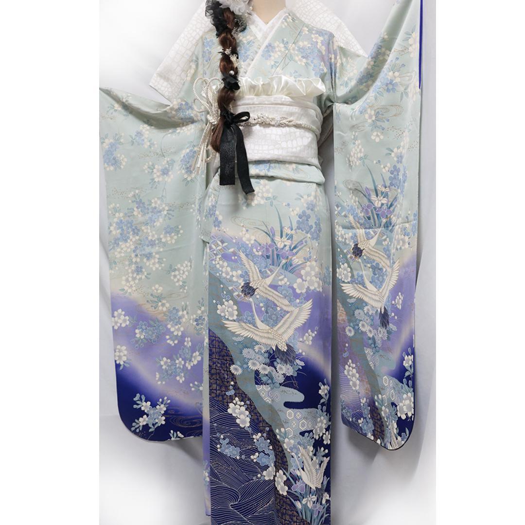 清楚！人気の水色！◆ 振袖7点セット153cm ◆フルセット三松成人式iH22