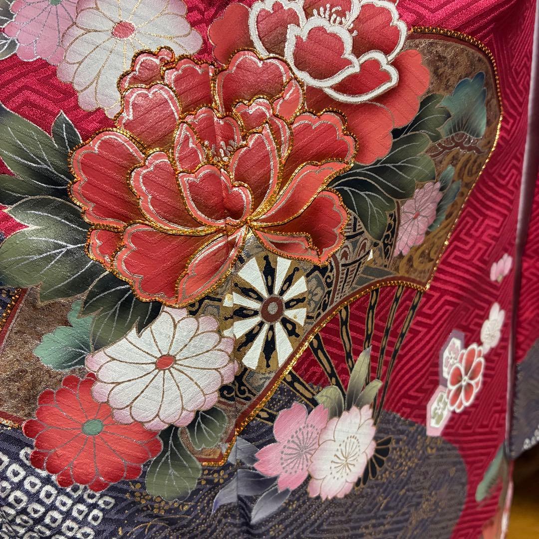 ⁂なお様⁂【振袖フルセット】 +小物・肌襦袢セット 赤 扇花柄 金駒刺繍