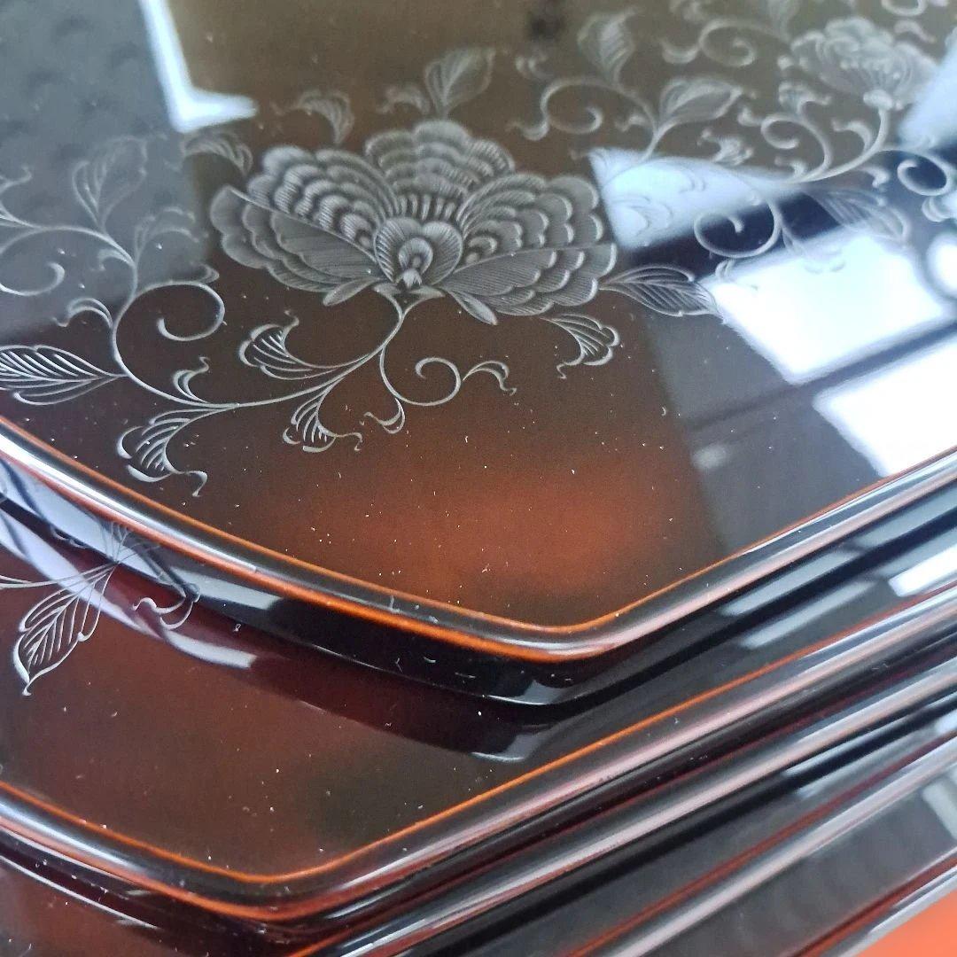 【輪島塗　五島屋謹製　尺2 半月膳×5客】布着本堅地　沈黒　西村国峰作　未使用品