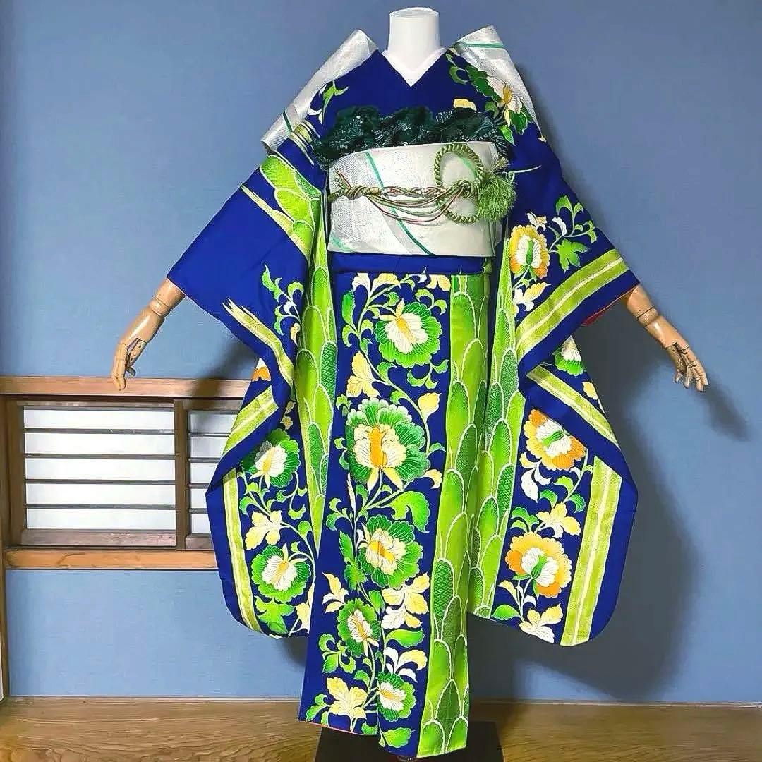 振袖フルセット　手描き友禅　ロイヤルブルーに更紗紋様が異邦人　成人式振袖　振袖