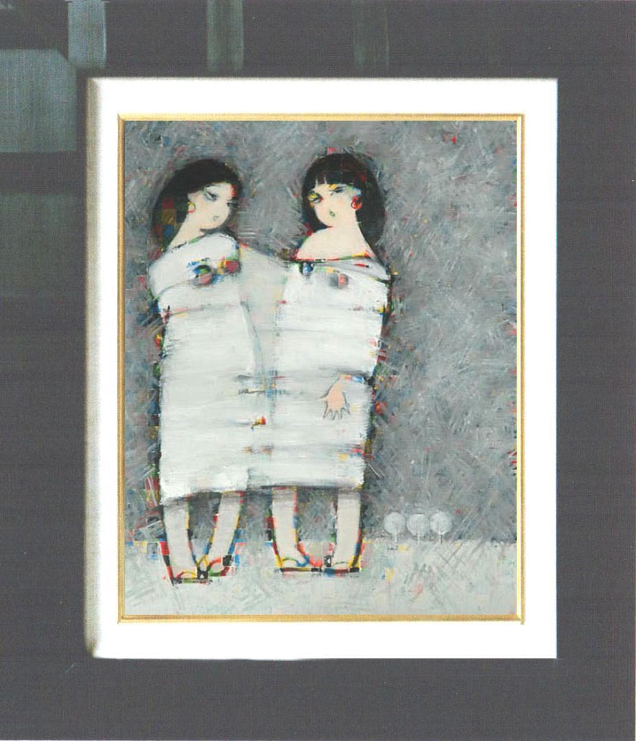 油絵 菅家令子 絵 絵画インテリア額付(黒) F6-083211人物 雪国の子供