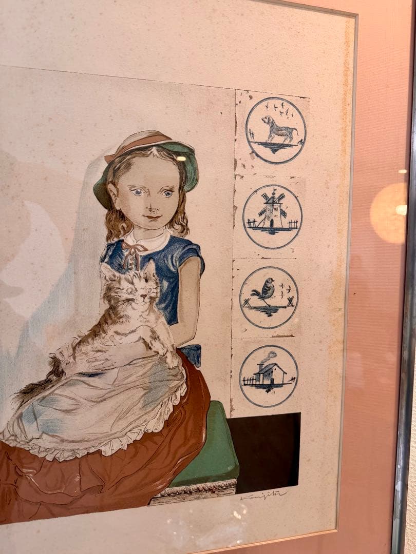 藤田嗣治Tsuguharu Foujita 猫を抱く少女 版画 額装#202-1