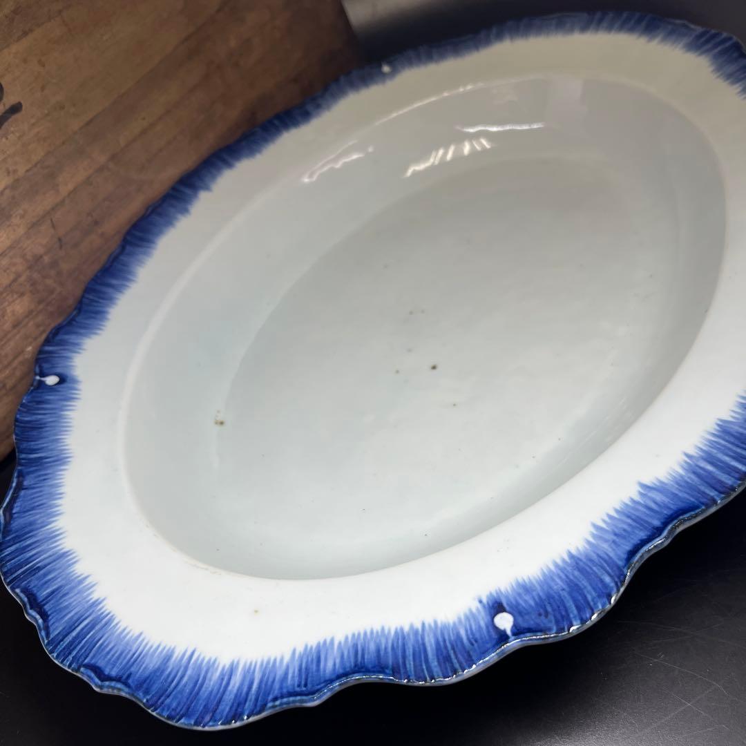 中国清朝時代　新渡青花オーバル皿　木箱付　幅約42.5㎝　東Y7-1024☆2F