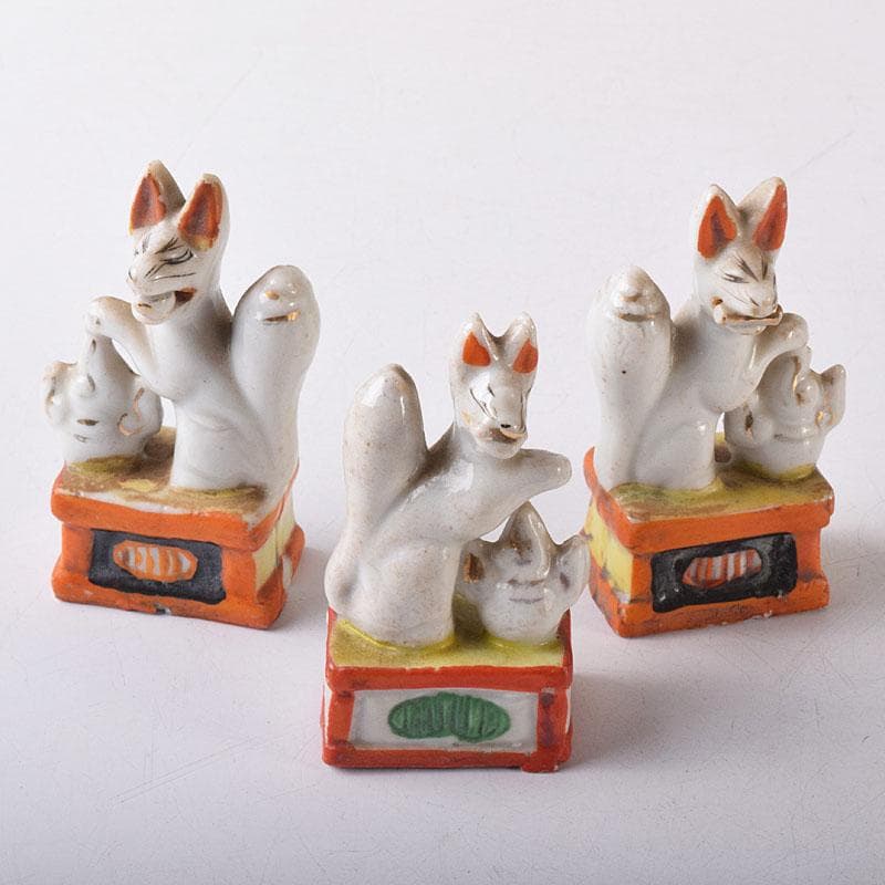 陶器製　色絵金彩　お稲荷さん　狐　3点まとめて　M　R8593