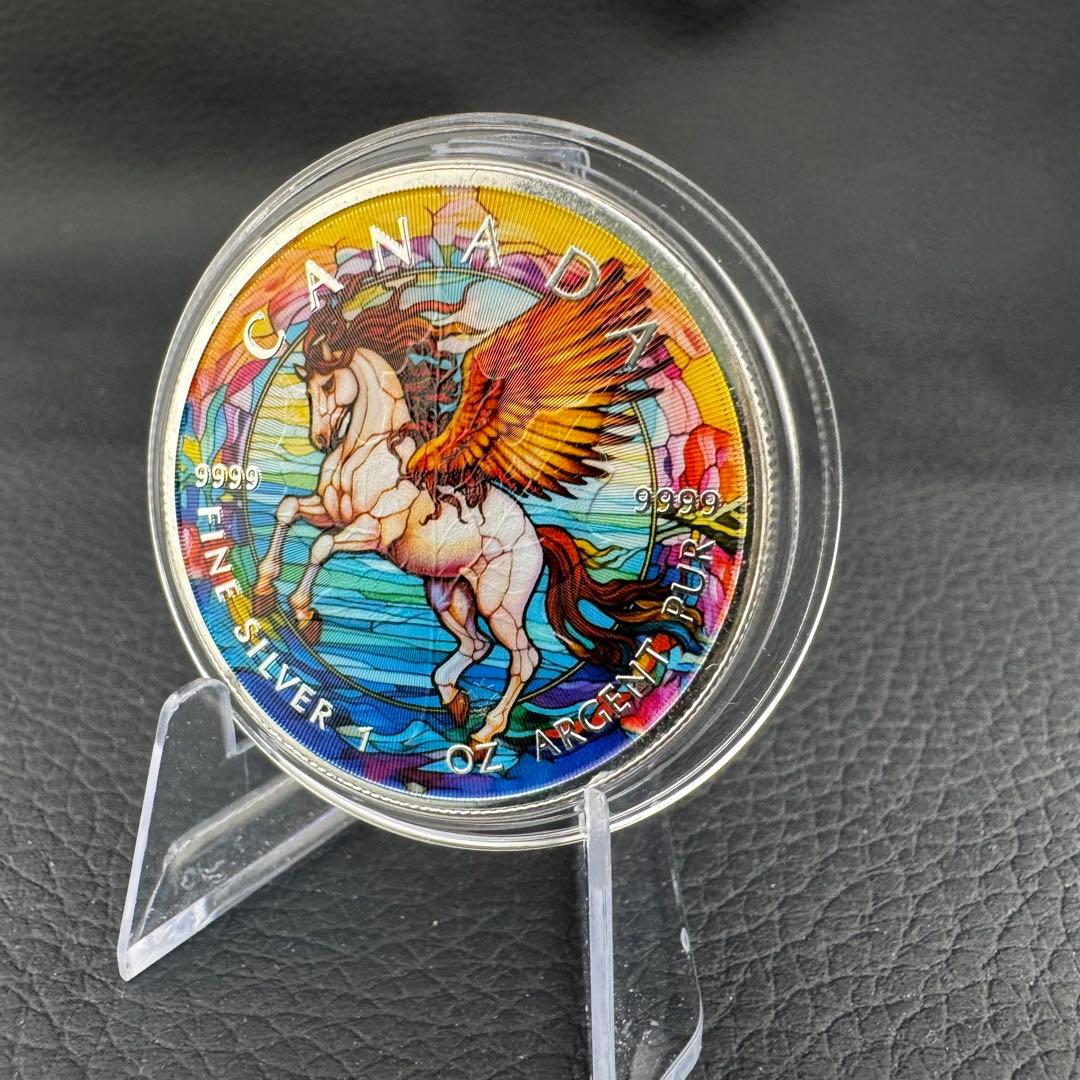 世界100枚 カナダ メイプルリーフ 銀貨 カラー ステンドグラスペガサス