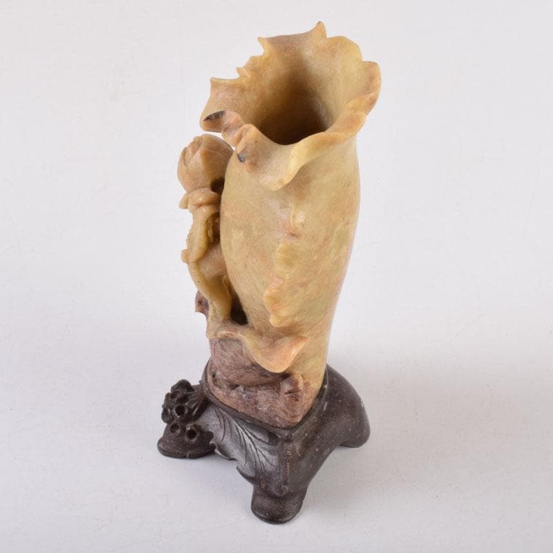 中国　玉石寿山石　花草刻　飾壷　花壷　置物　時代箱　C　8452