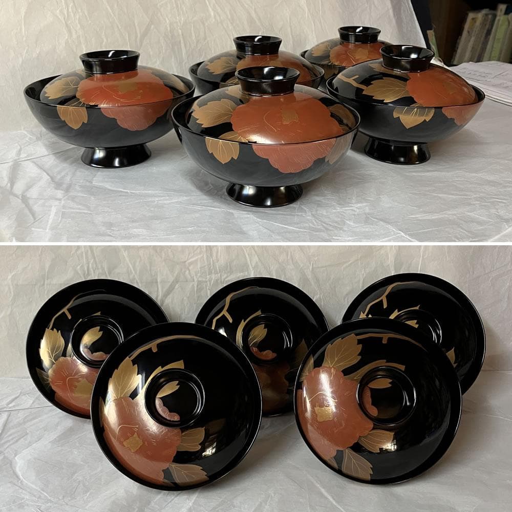 F1404 輪島塗 蒔絵 吸物椀 五客 共箱 木製 漆器 懐石道具