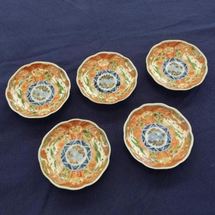 B_古伊万里 金襴手 鶴亀文　小皿５客