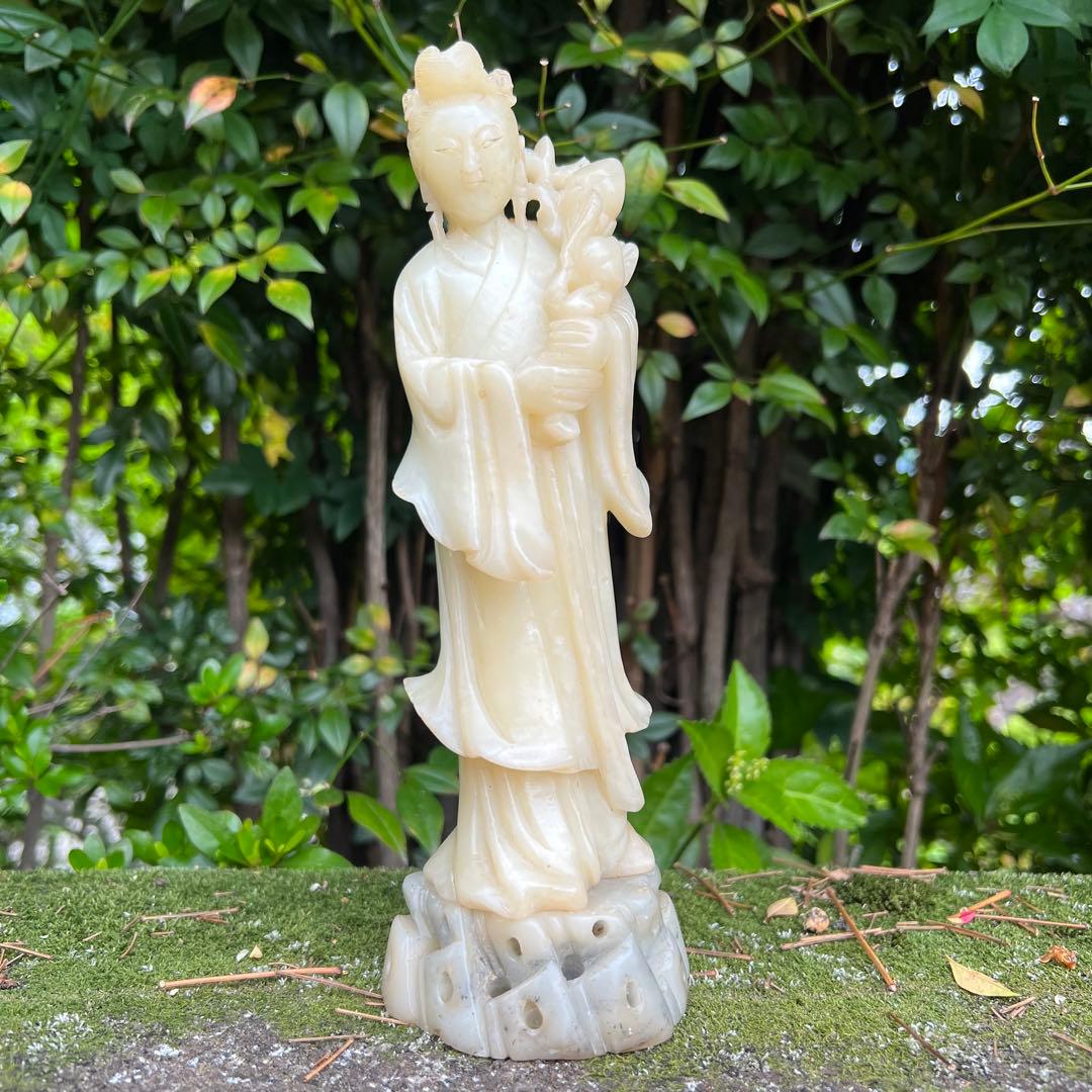 【貴重】芙蓉石西王母置物　23cm！王母娘娘　白寿山石　工芸品