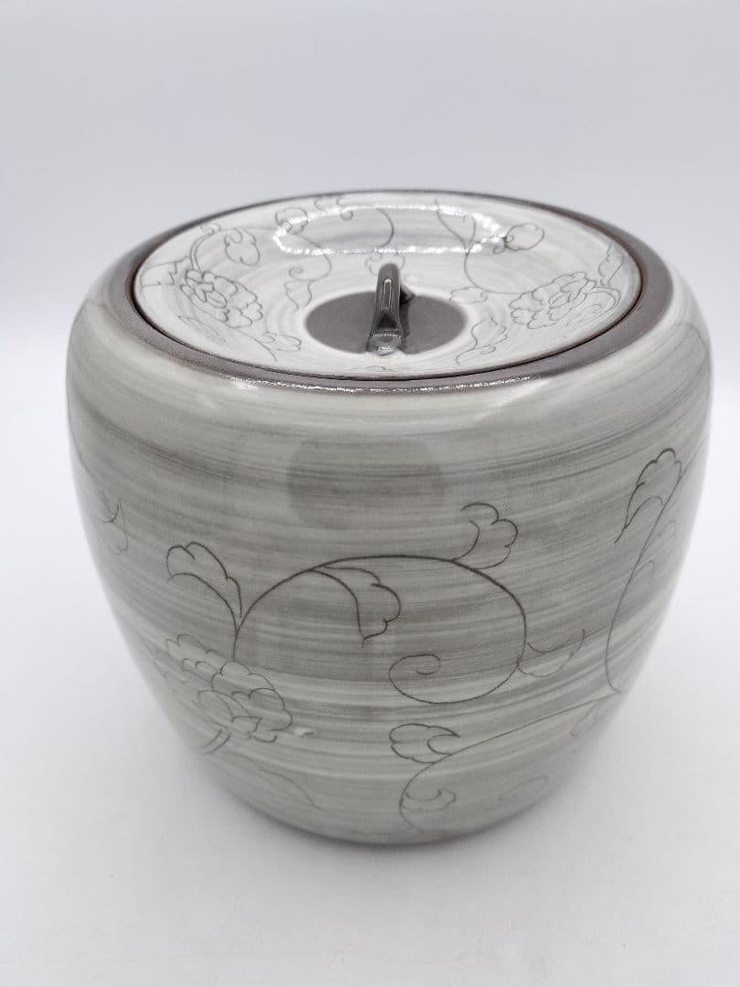 c655 水指 現川焼 唐草文様 武村利左衛門 木箱 茶道具 古物