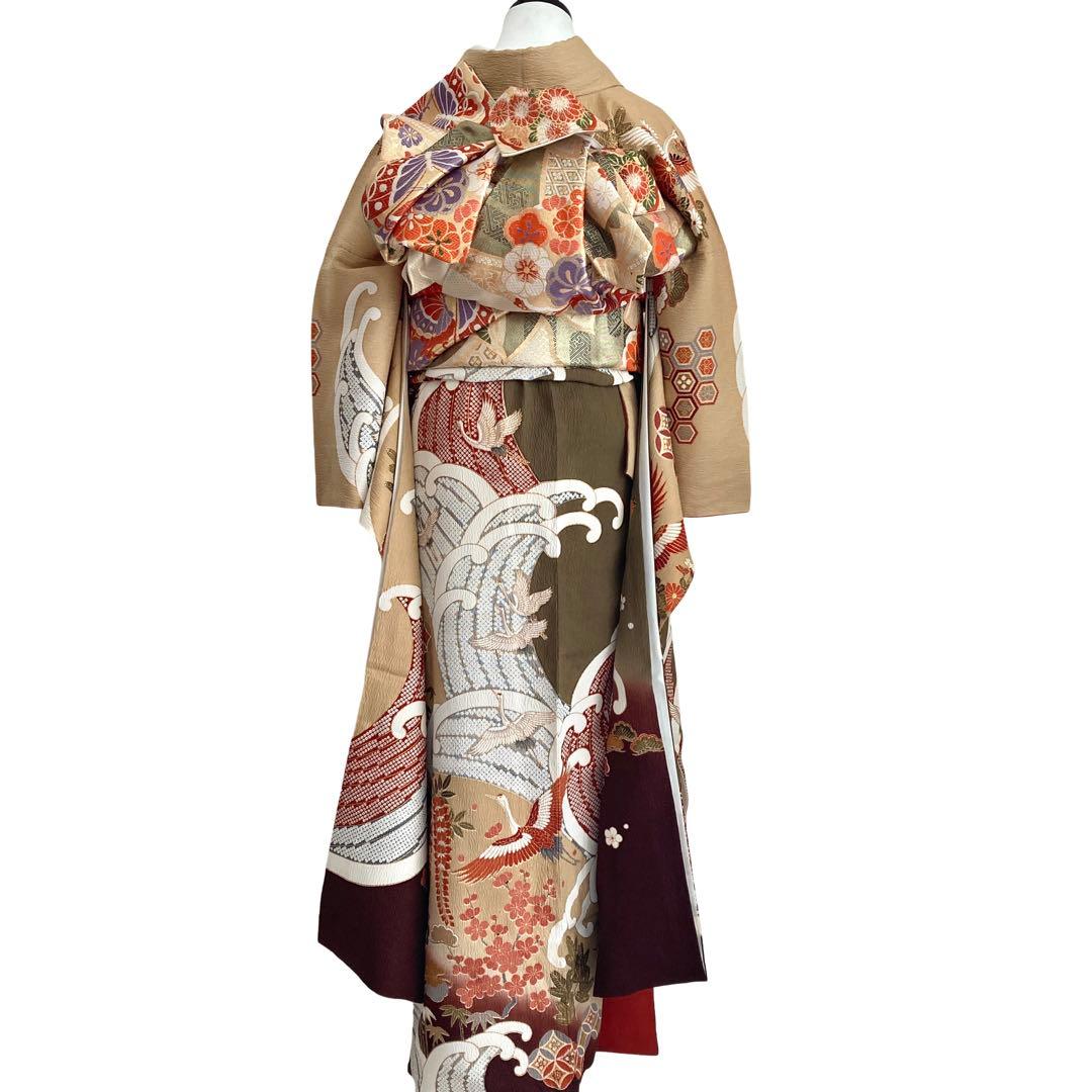 古典柄 鶴 波文様 振袖4点セット‼️お振袖セット‼️TM NO129 フルセット