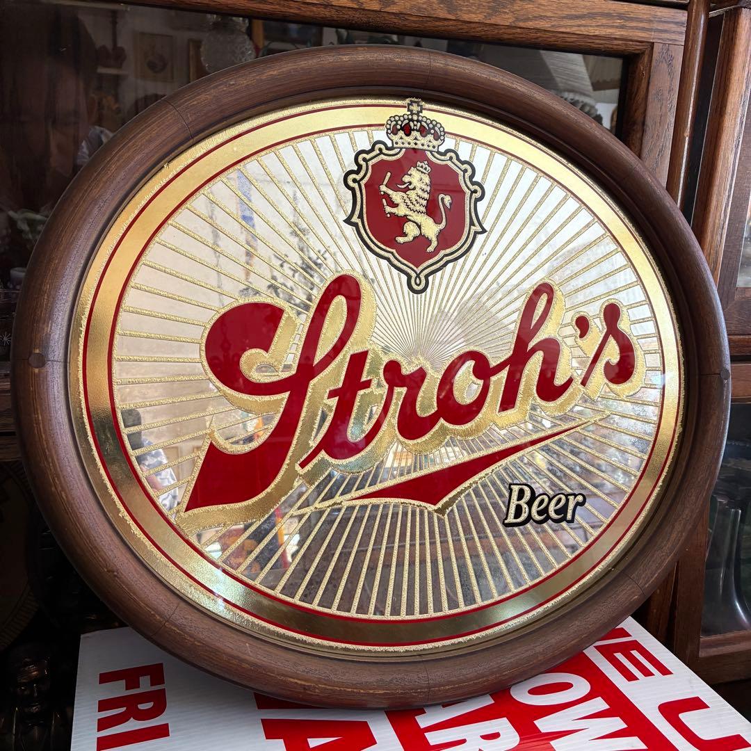 貴重！70's アメリカアンティークStroh's beer　パブミラー鏡USA
