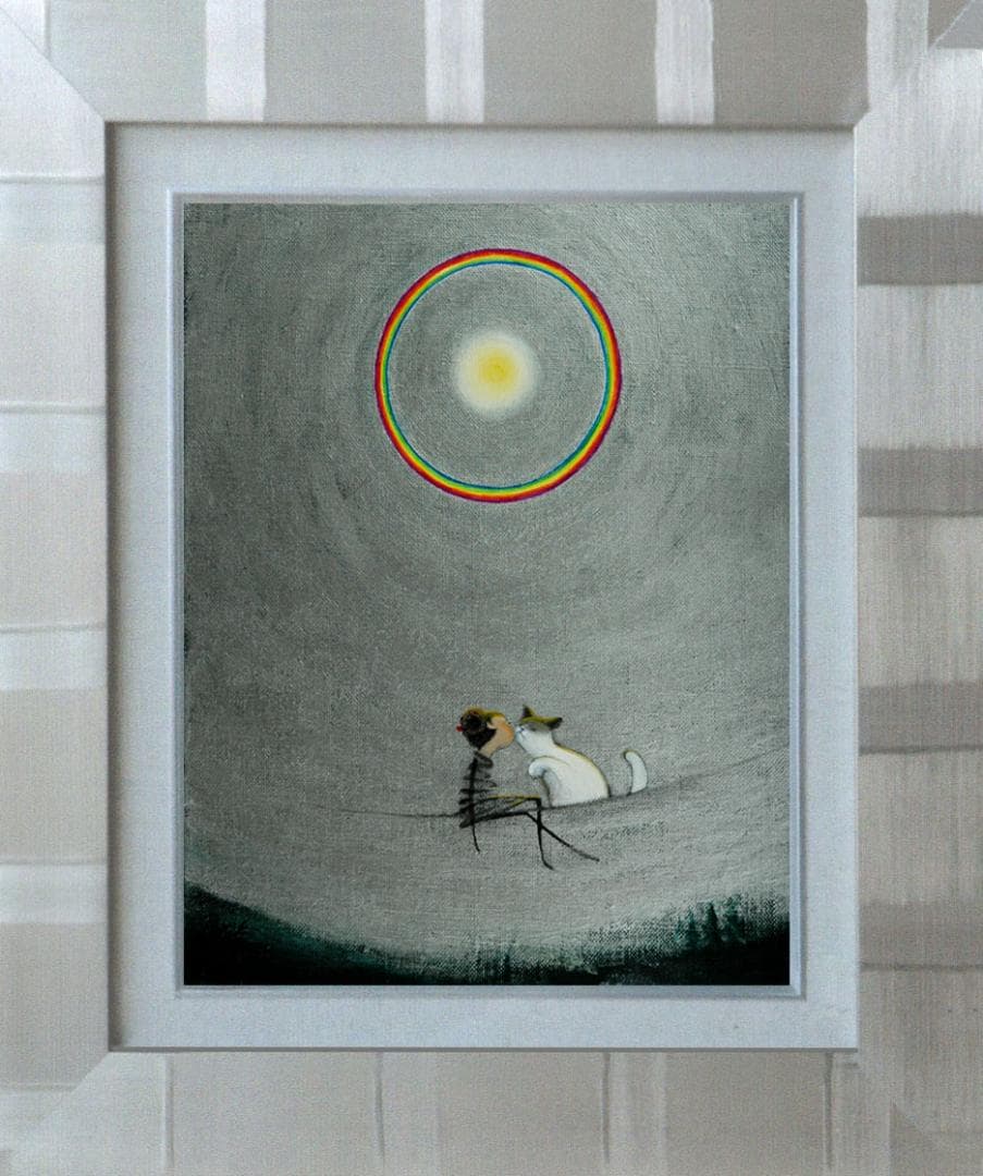 油絵 菅家令子 絵 絵画 インテリア額付(銀) F3-031019 子猫と女の子