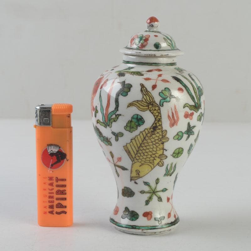 中国　大明嘉靖年製　赤絵　魚藻文　蓋壷　Z　8620