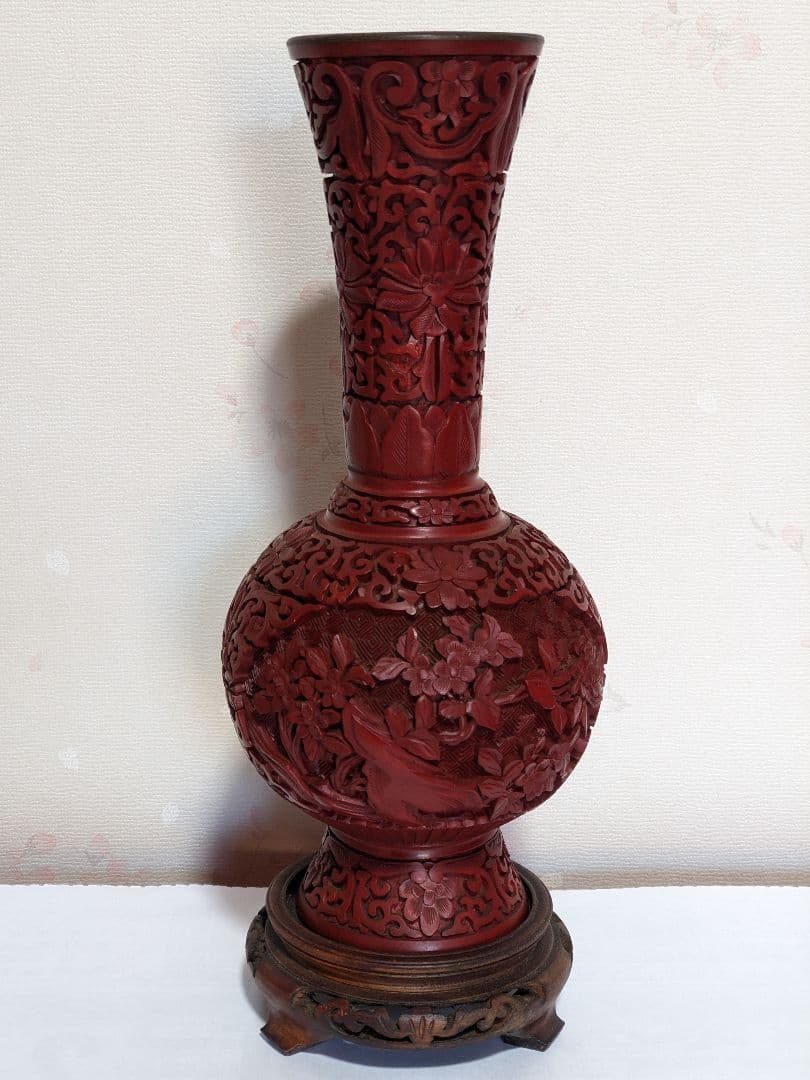 ♦中国古玩 古美術品 堆朱彫漆天球瓶 漆芸 花器飾り 置物 血赤色骨董品レア物