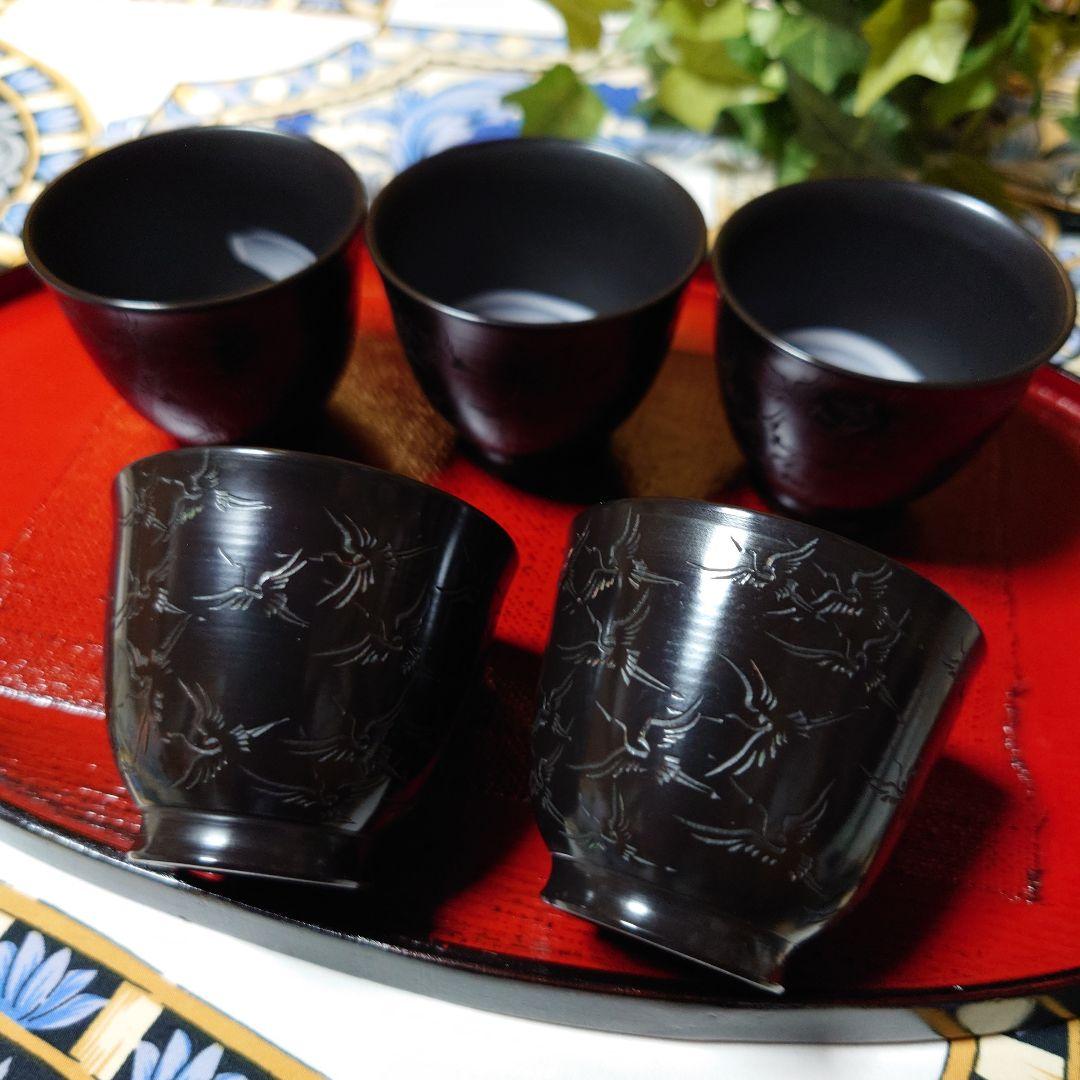 常滑焼 山田宝生作 細密彫 黒泥彫刻 千羽鶴文 煎茶碗 5客