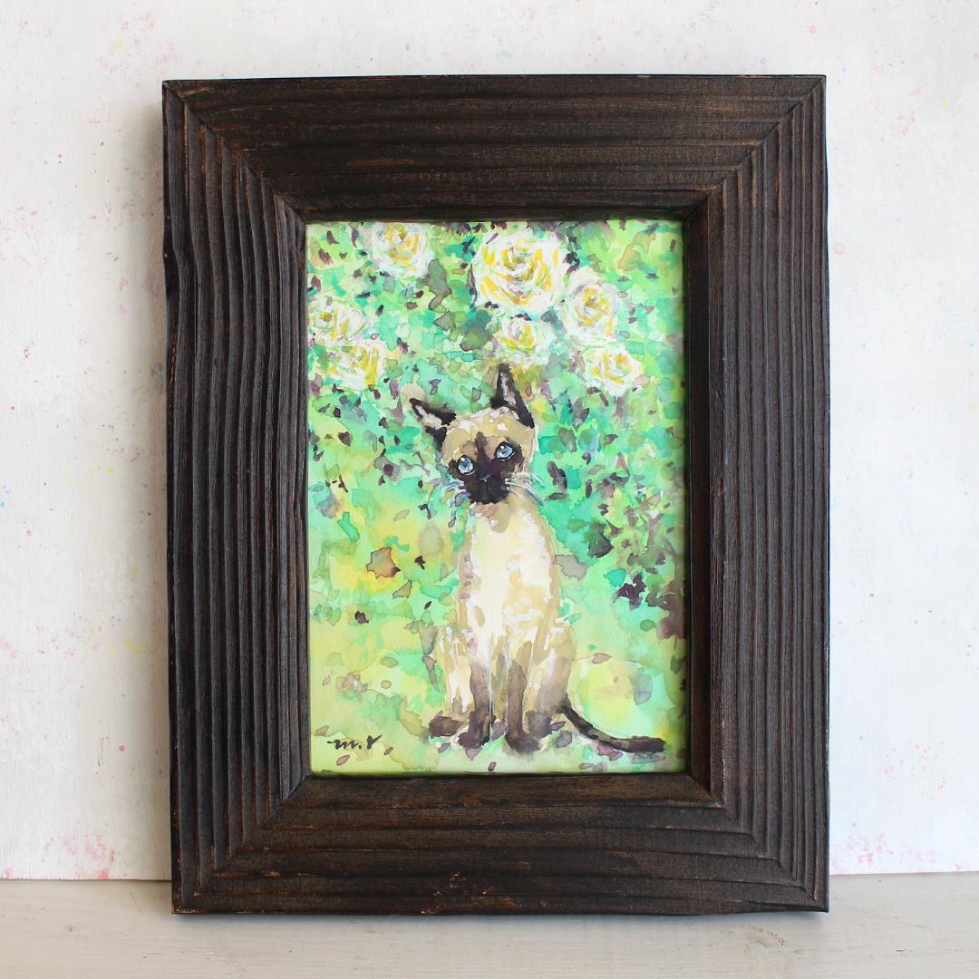 シャム猫の絵 水彩画 原画 額付き「白い薔薇とシャム猫」