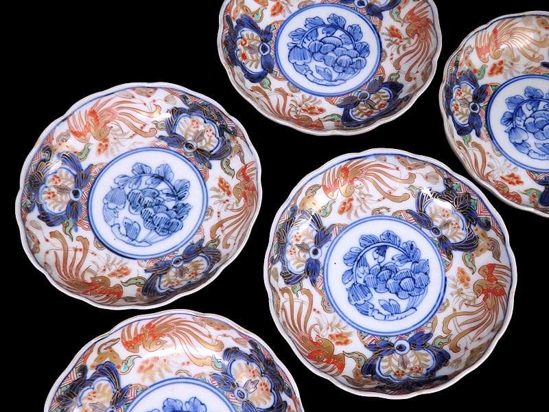 古伊万里　色絵　鳳凰に牡丹の図　４寸皿　５客　C381AS-CZc