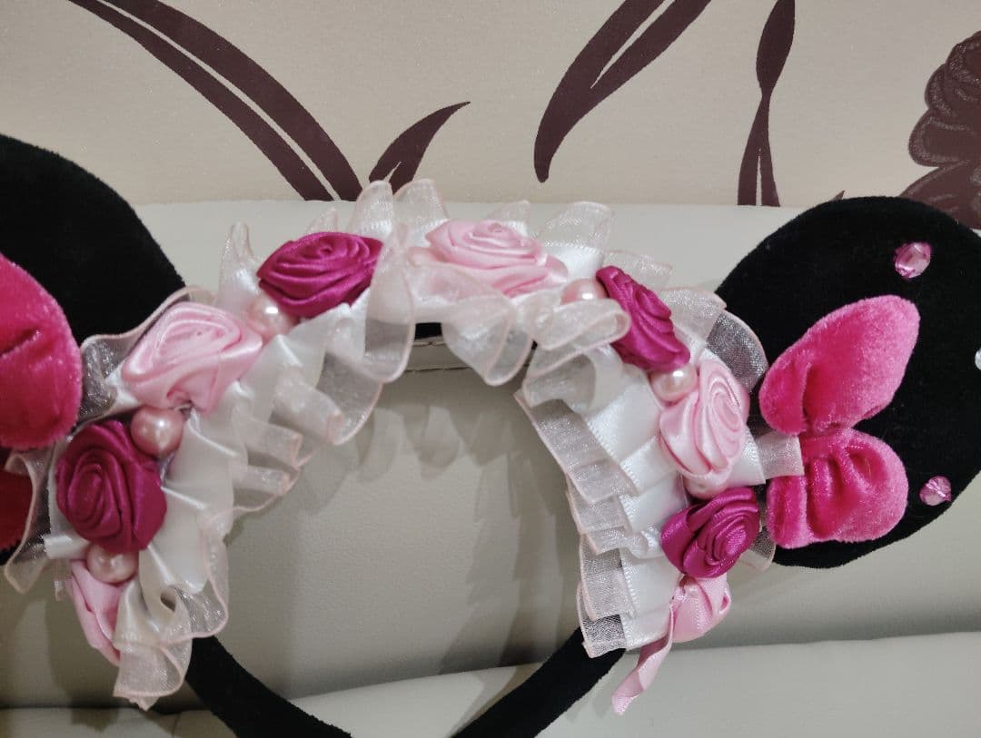 ♡廃盤 ディズニー ミニー カチューシャ 薔薇 ローズ レース リボン 花♡
