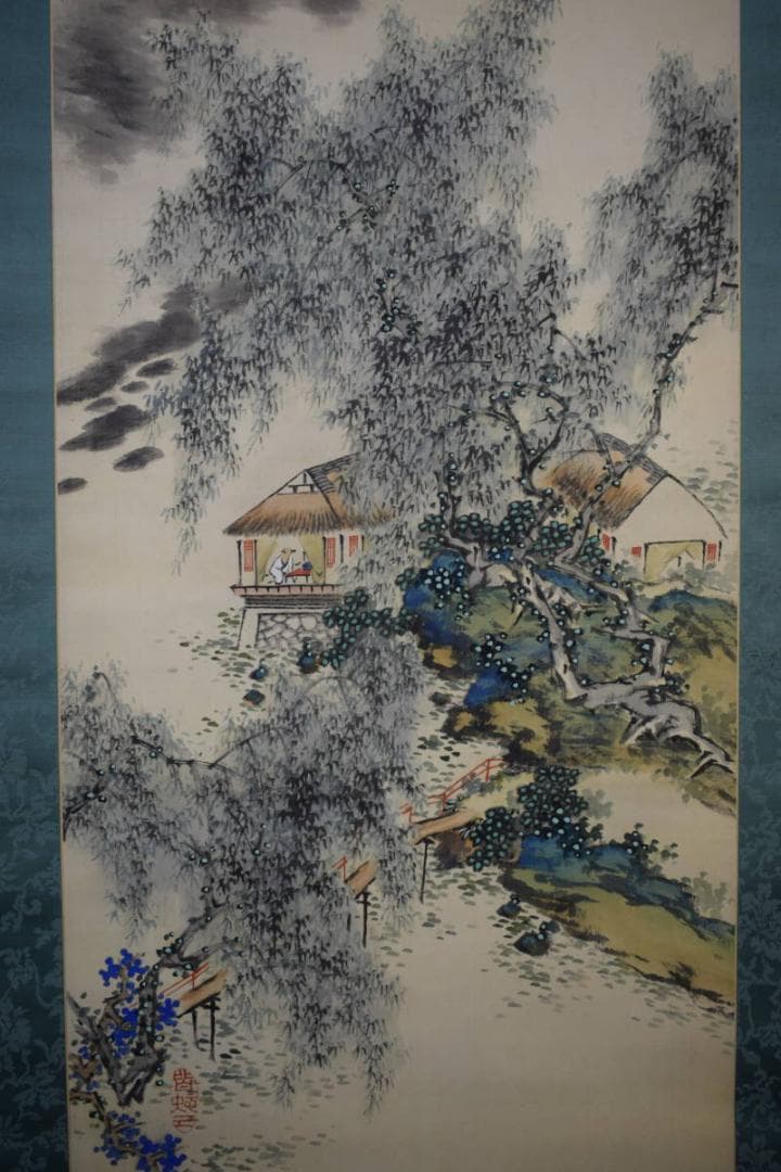 真作/河村虹外/山水人物図/絹表装/桐共箱付/布袋屋掛軸HH-661