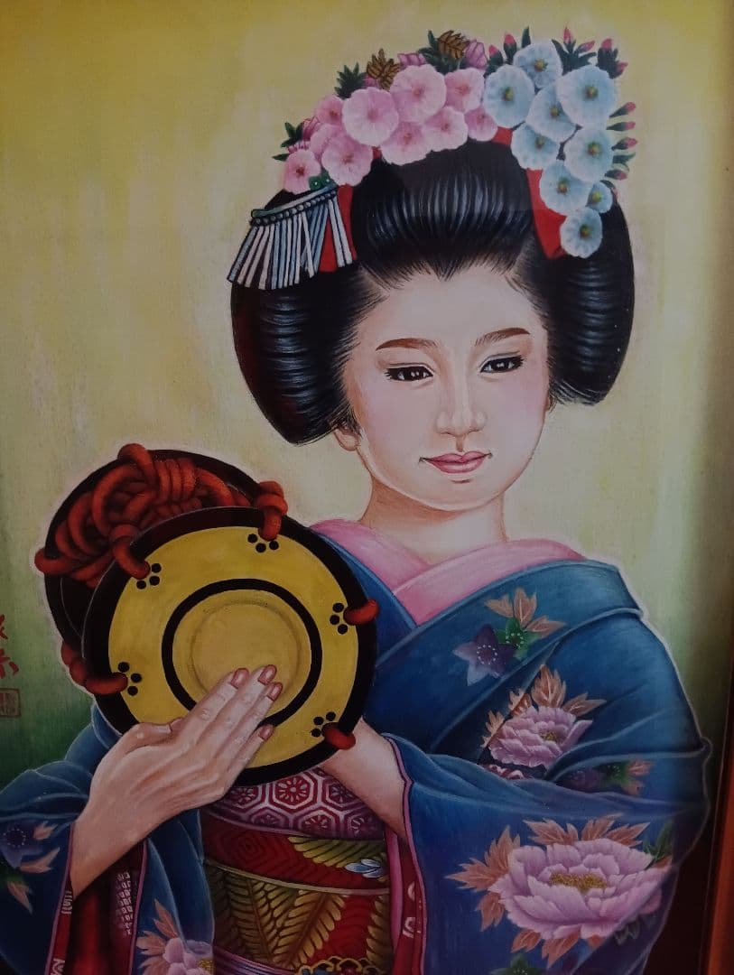 時代着物美人姿水彩画昭和時代頃縦５７Ｘ横幅４２Ｘ厚さ３センチガラス当時物額装品