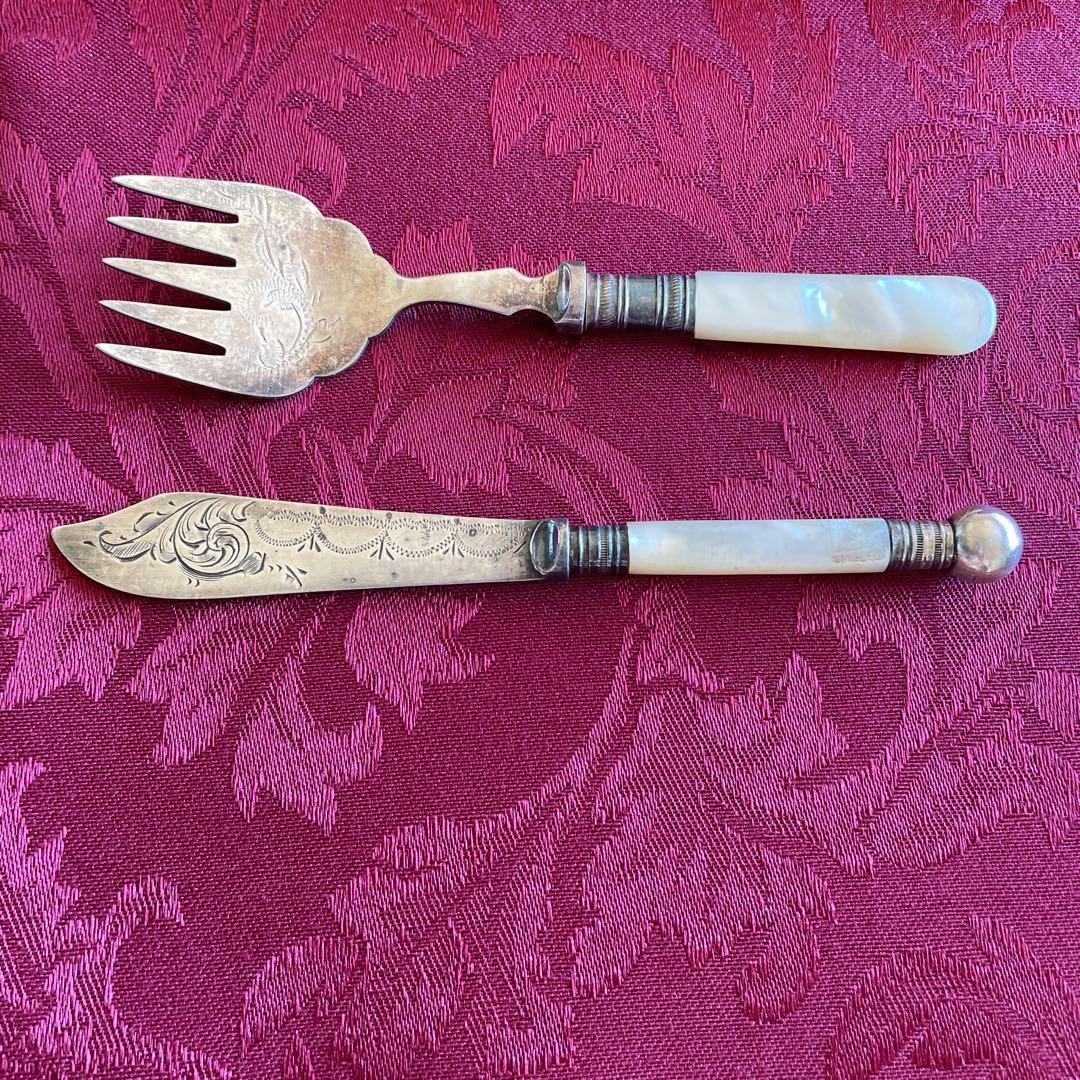 英国アンティーク　銀ナイフ＆フォーク　マザーオブパール　ERNS刻印
