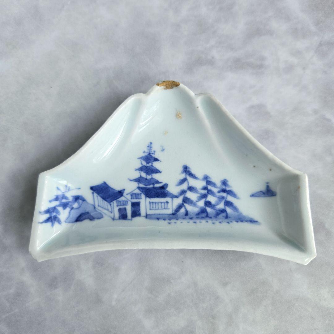 古伊万里　染付　変形小皿　富士山　江戸時代　三重の塔　骨董　金継ぎ　アンティーク