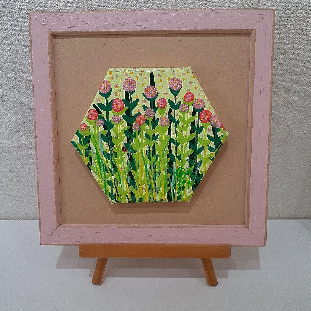 画家　小楠アキコ　ピンクのクローバー　15×15cm　六角形キャンバス　額付き