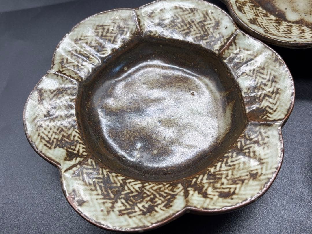 人間国宝 島岡達三 象嵌花型 皿 六枚組 共箱 益子焼 -412-