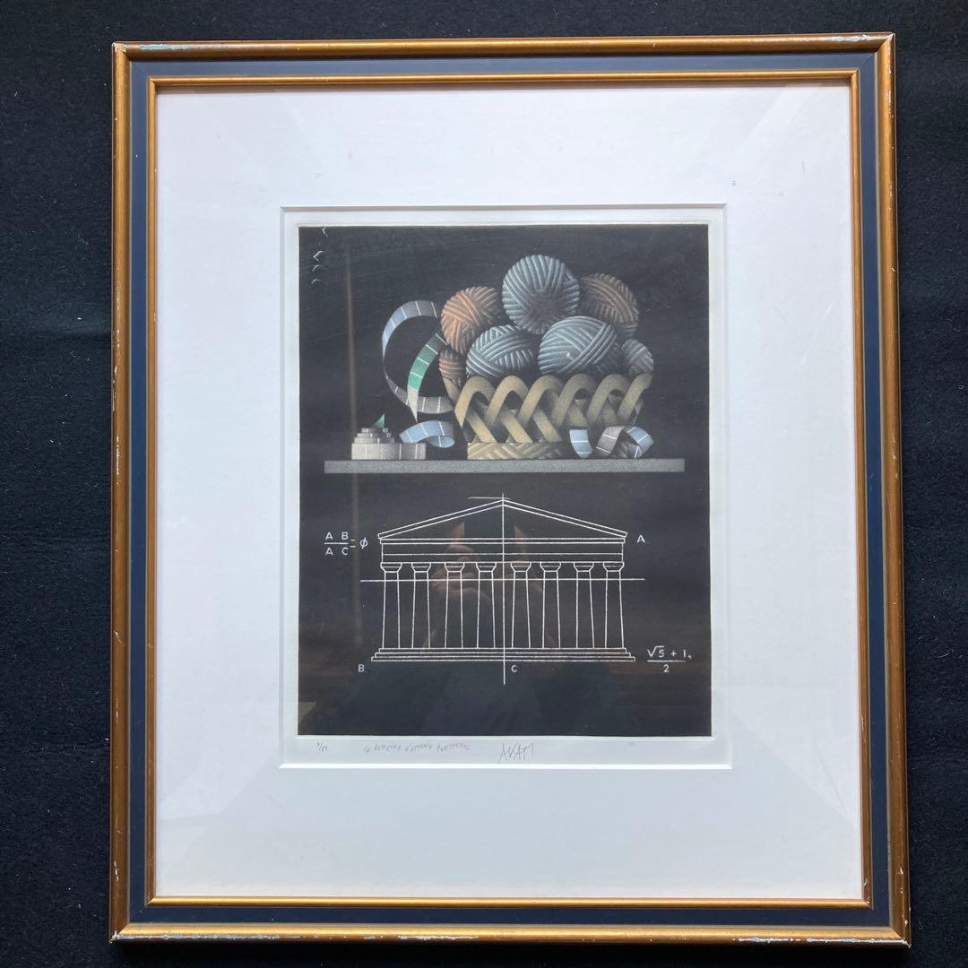 マリオ・アバチ　アテネのパルテノン神殿と毛糸の玉 額縁60×52絵34×27CM