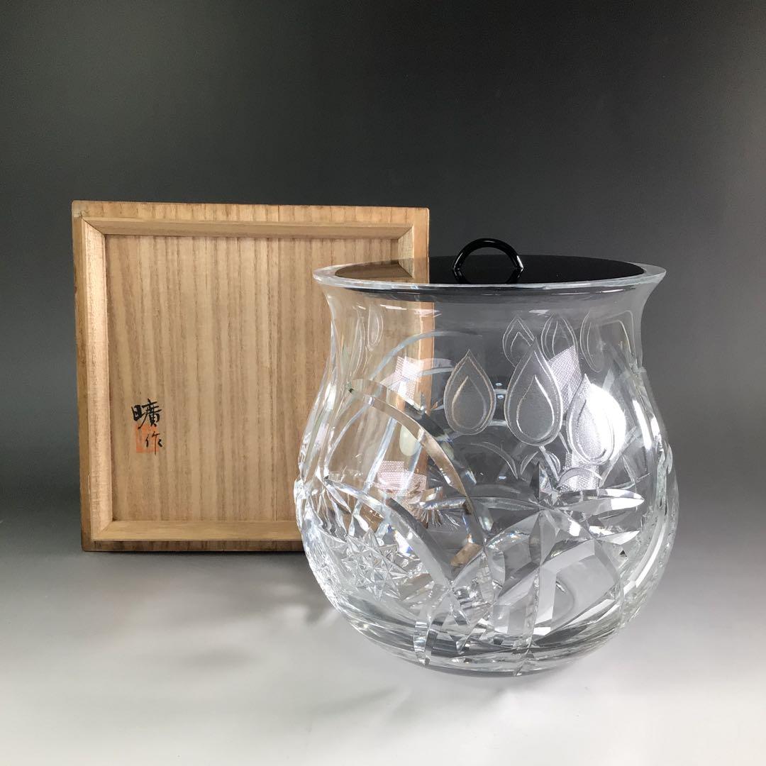 Ｒ８　水指　『山本曠作』『クリスタル硝子』『切子水指』　共箱　茶道具　ガラス工芸