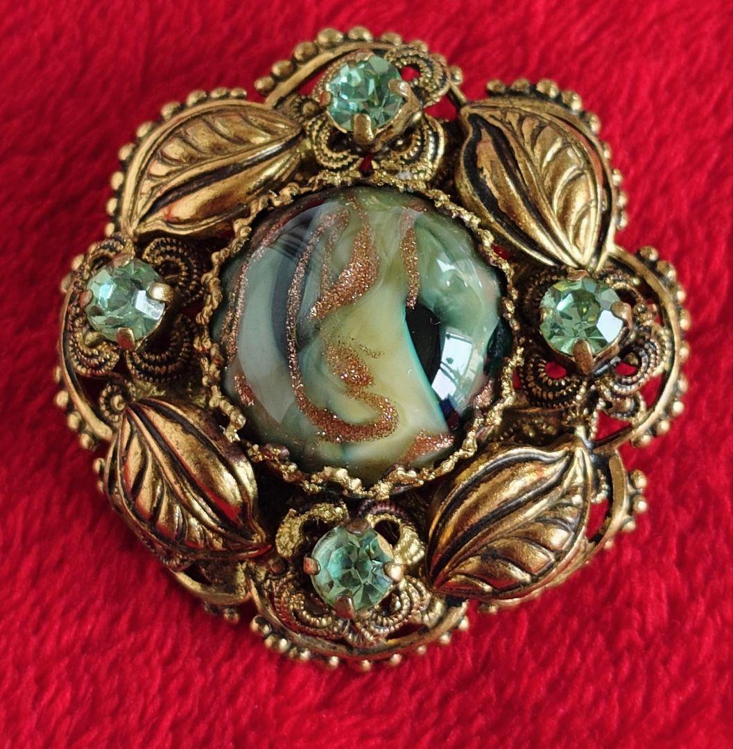 西ドイツヴィンテージ 1950s 希少 ブローチ 植物モチーフ 硝子装飾 D92