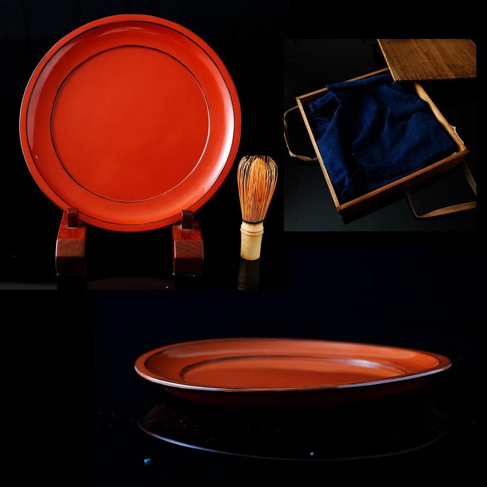 時代年代物 根来塗 丸盆 直径約25cm 時代箱 藍染 根来盆 煎茶盆 木製漆器