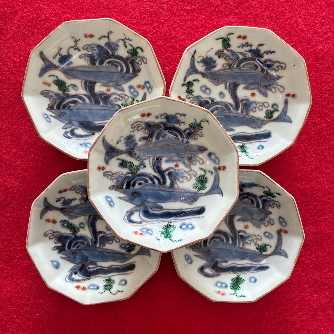 古伊万里　色絵　魚藻文　小皿　5枚組