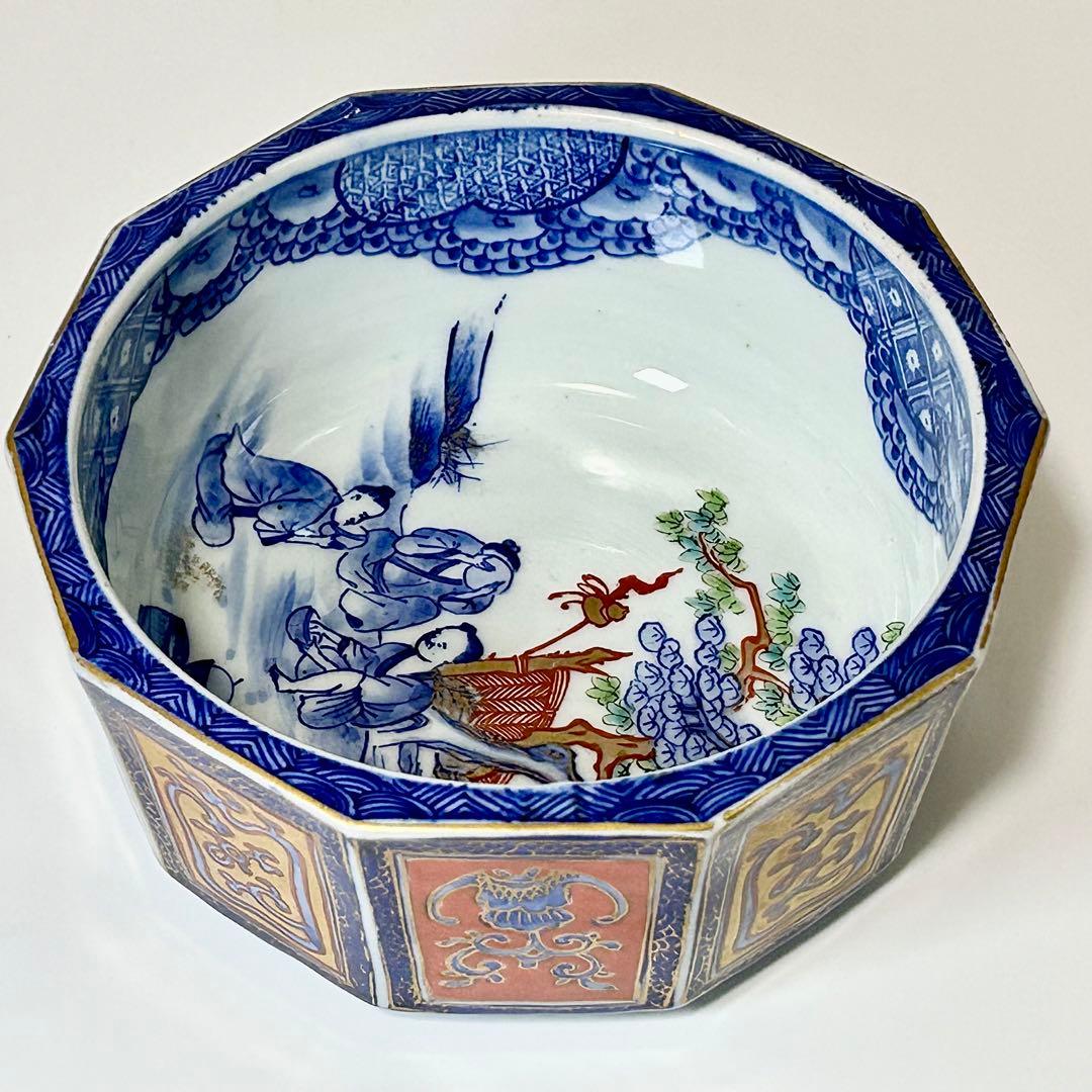 明治初期 山口伊右衛門 染錦面取鉢 伊万里 有田