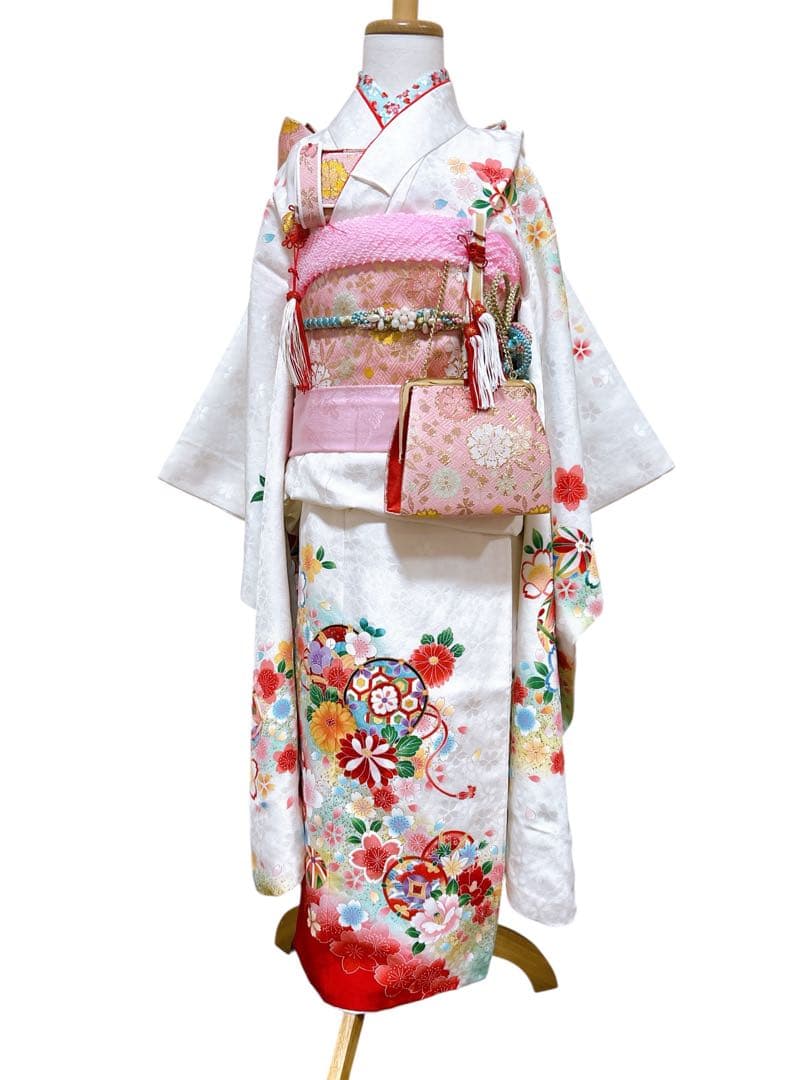 正絹セット♡七五三　7歳　女の子　フルセット　一式　白系　ピンク　パール付帯締め