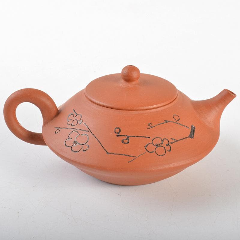 常滑焼　三代山田陶山作　紫砂　朱泥　漢詩梅文　急須　箱蓋無し　V　R7121