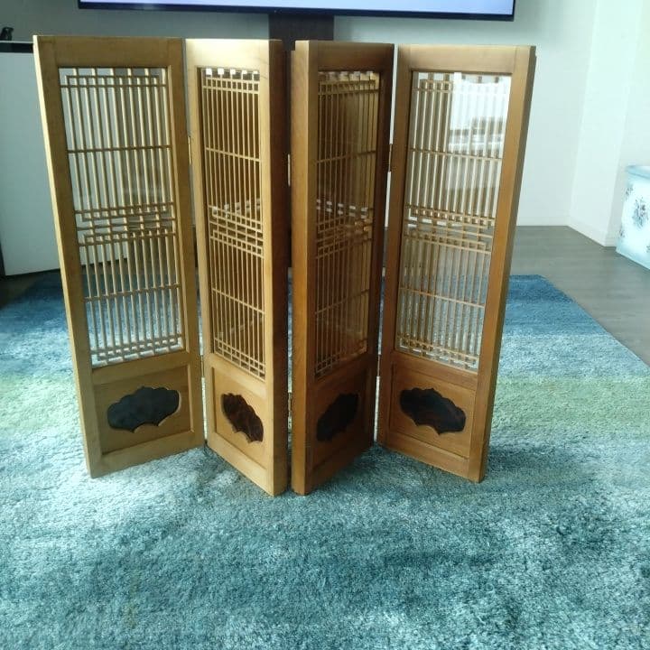 ガラス入り格子ミニ屏風 ついたて 昭和レトロ