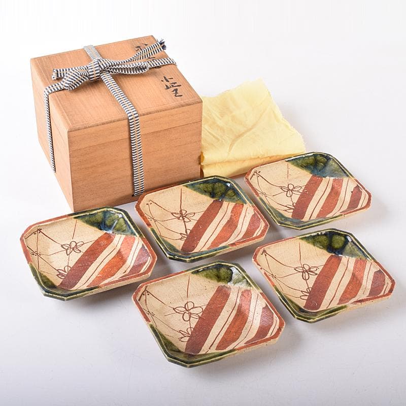 北大路魯山人作　星岡窯　織部焼　於里辺　小皿　五客　共箱　D　R8587