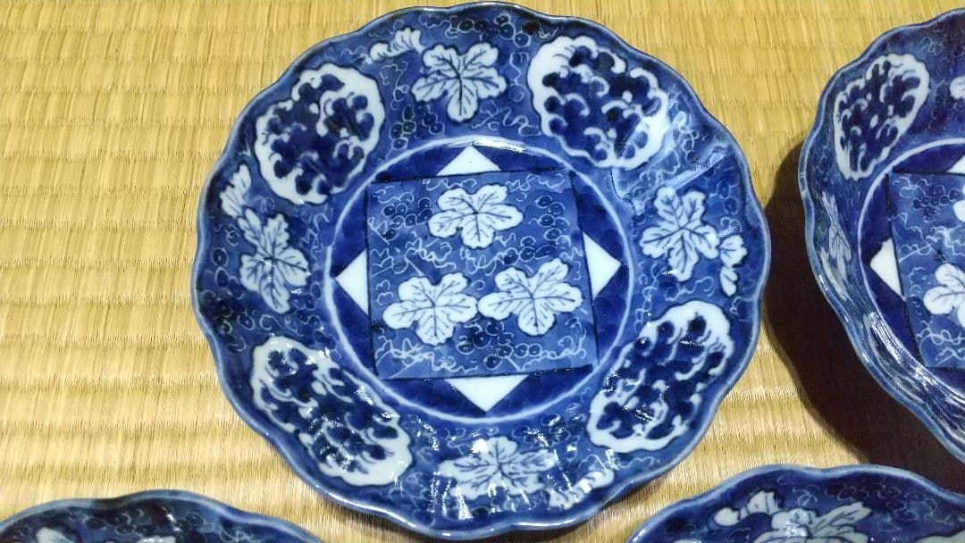 ５客　古伊万里　染付　葡萄紋　向付・皿・鉢　美品！
