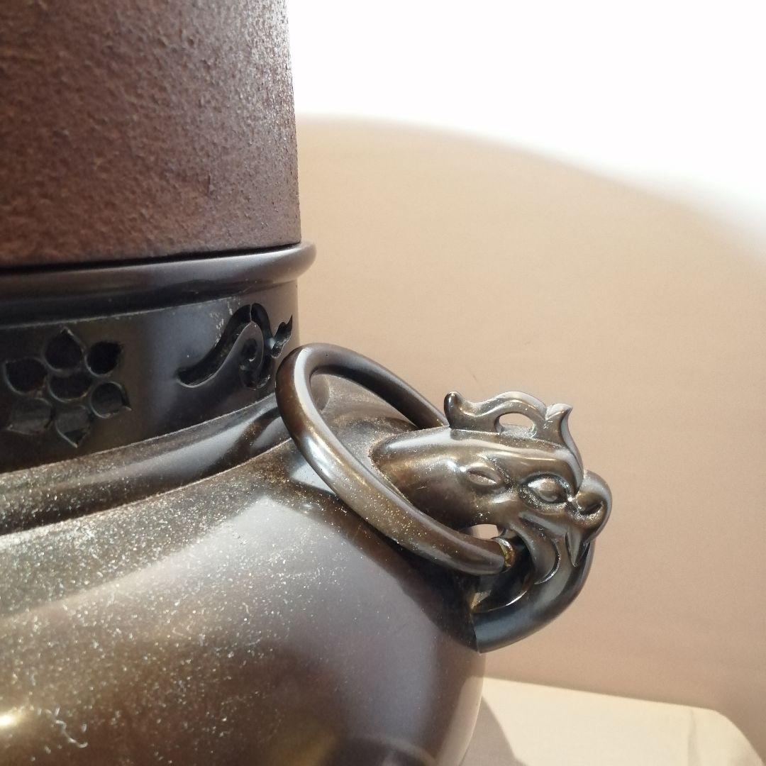 【茶道具】 唐銅鬼面風炉釜 　時代釜師　五郎右衛門作大西清右衛門作　釜266