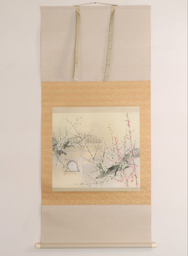 【真作】日本画 宮本昌雄「梅の寺」絹本 掛け軸 木箱 横物 MA434