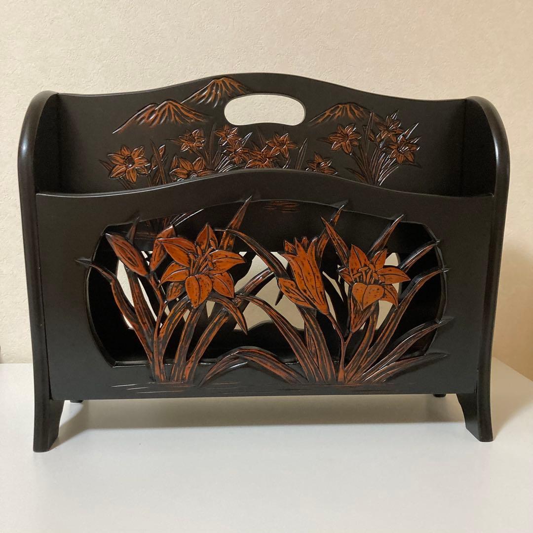 伝統工芸 日光彫 百合の花 マガジンラック 木彫り 和風