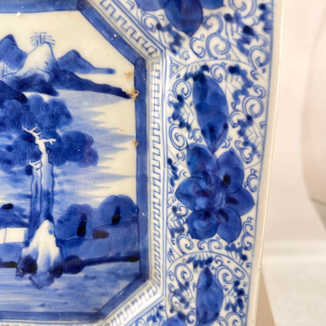 古伊万里 染付 山水文 八角大皿 飾り皿 和食器 骨董 アンティーク