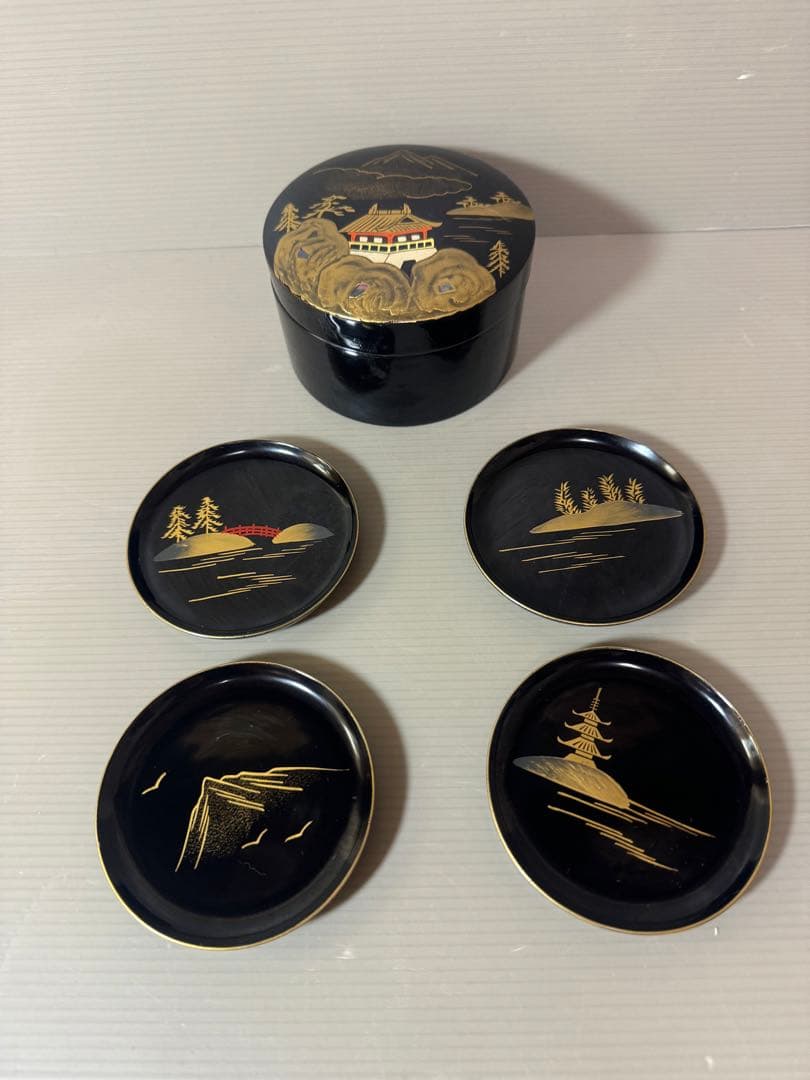 2766 漆器　金蒔絵　棗1客　皿4客